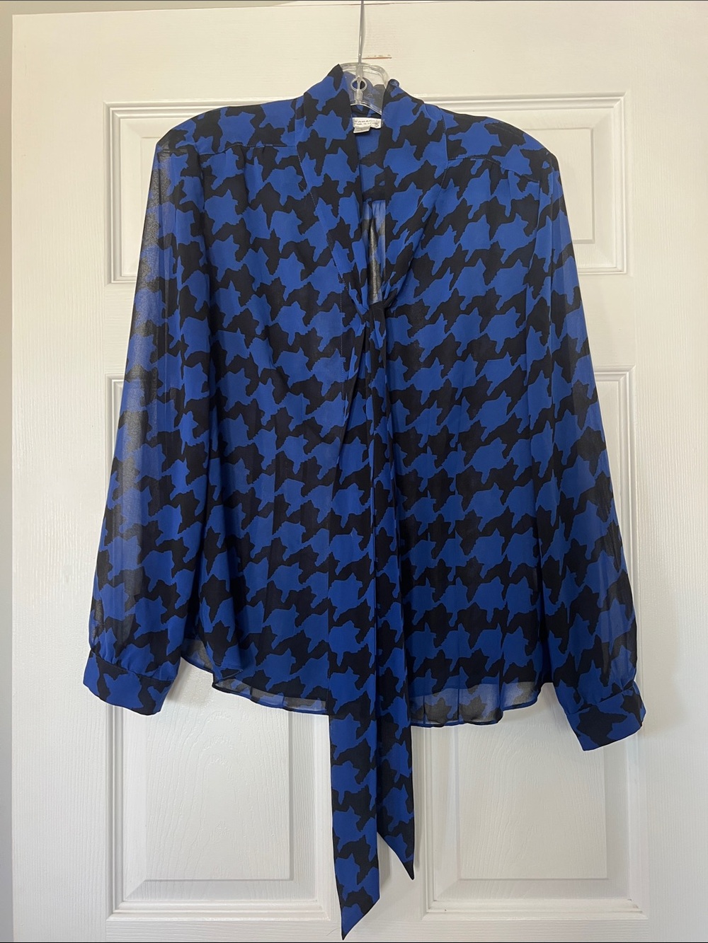 Tahari Tie-Neck Houndstooth Blouse in Blue and Black